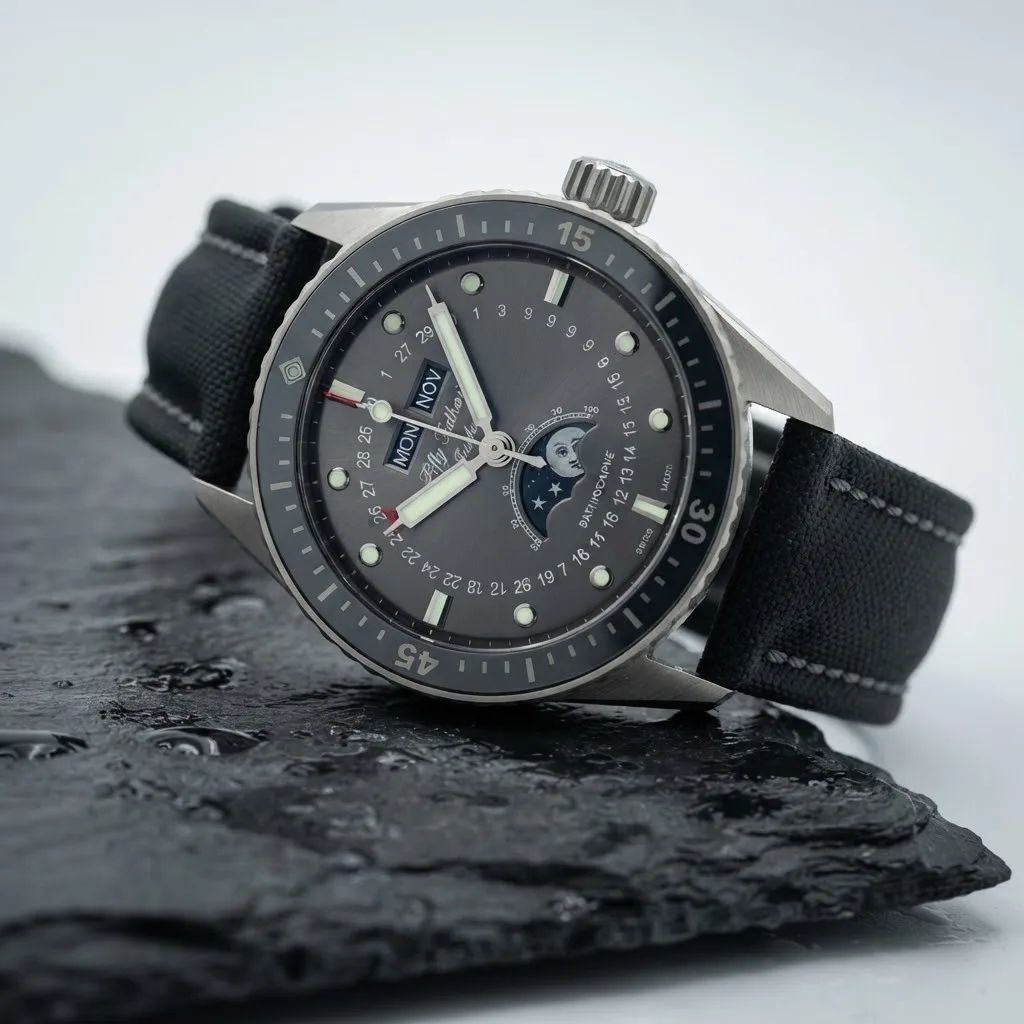 Illustrative render — hero view of the Blancpain Fifty Fathoms Bathyscaphe Quantieme Complet Phases de Lune 5054-1110-B52A (steel, grey dial, sail-canvas strap)