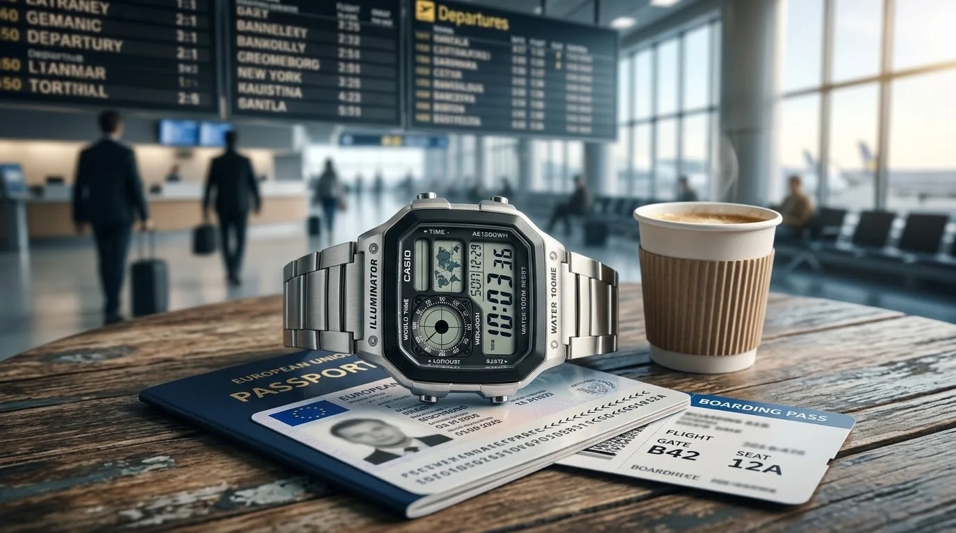 Illustrative render — hero view of the Casio AE1200 World Time "Casio Royale"