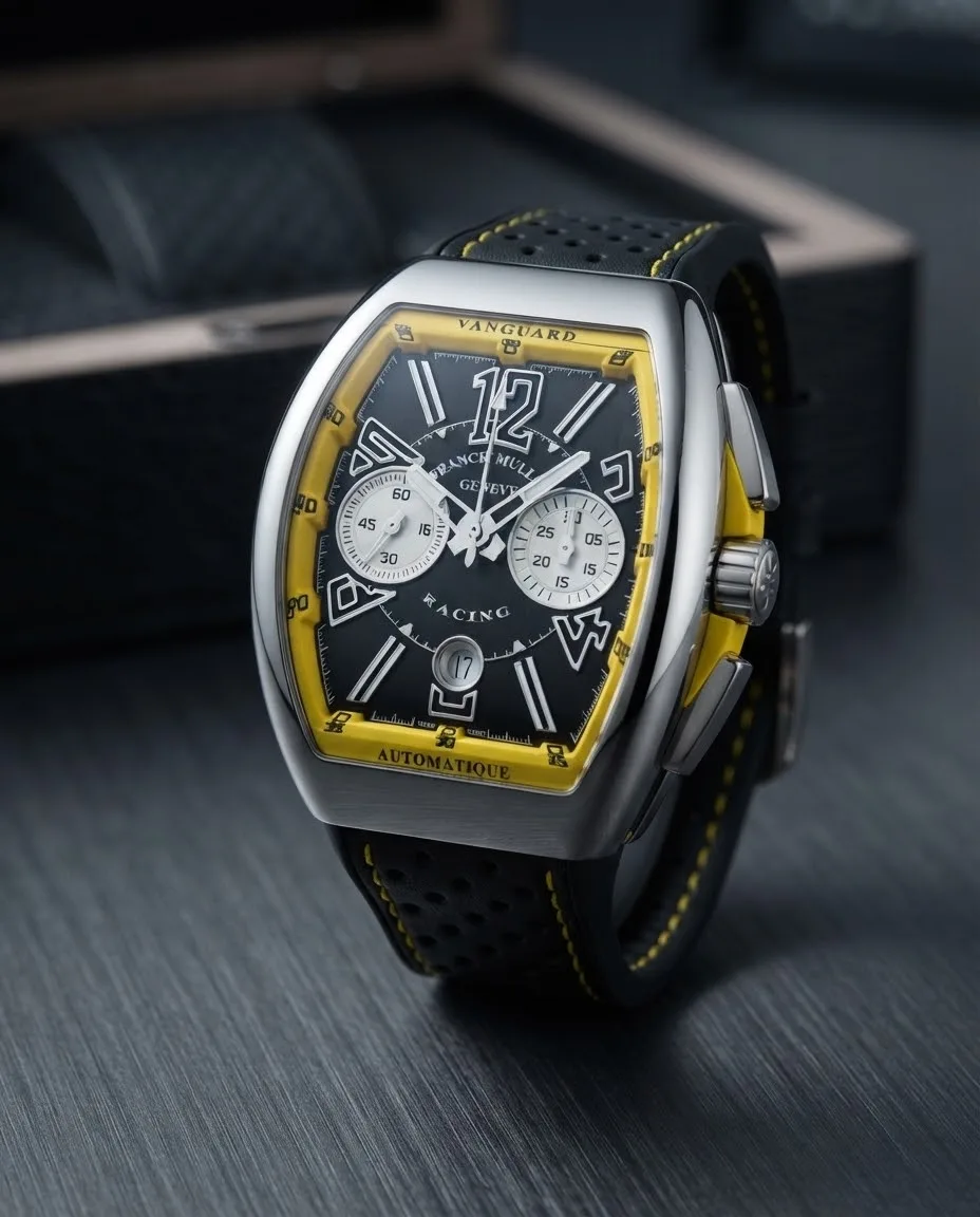 Illustrative render — hero view of the Franck Muller Vanguard Racing V 45 CC DT chronograph (steel, black dial, yellow flange, black leather-insert rubber strap)