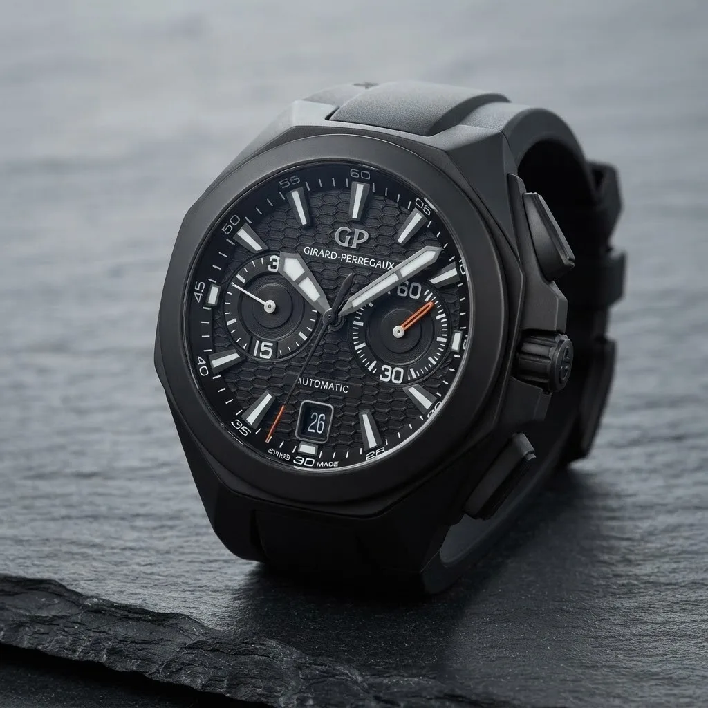 Illustrative render — hero view of the Girard-Perregaux Chrono Hawk 49970-32-631-FK6A (black ceramic, black honeycomb dial, rubber strap)