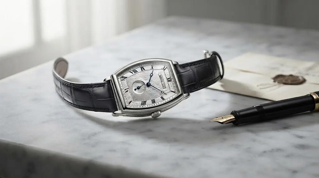 Illustrative render — hero view of the Breguet Heritage 3660BB (18k white gold, tonneau, silver engine-turned dial)