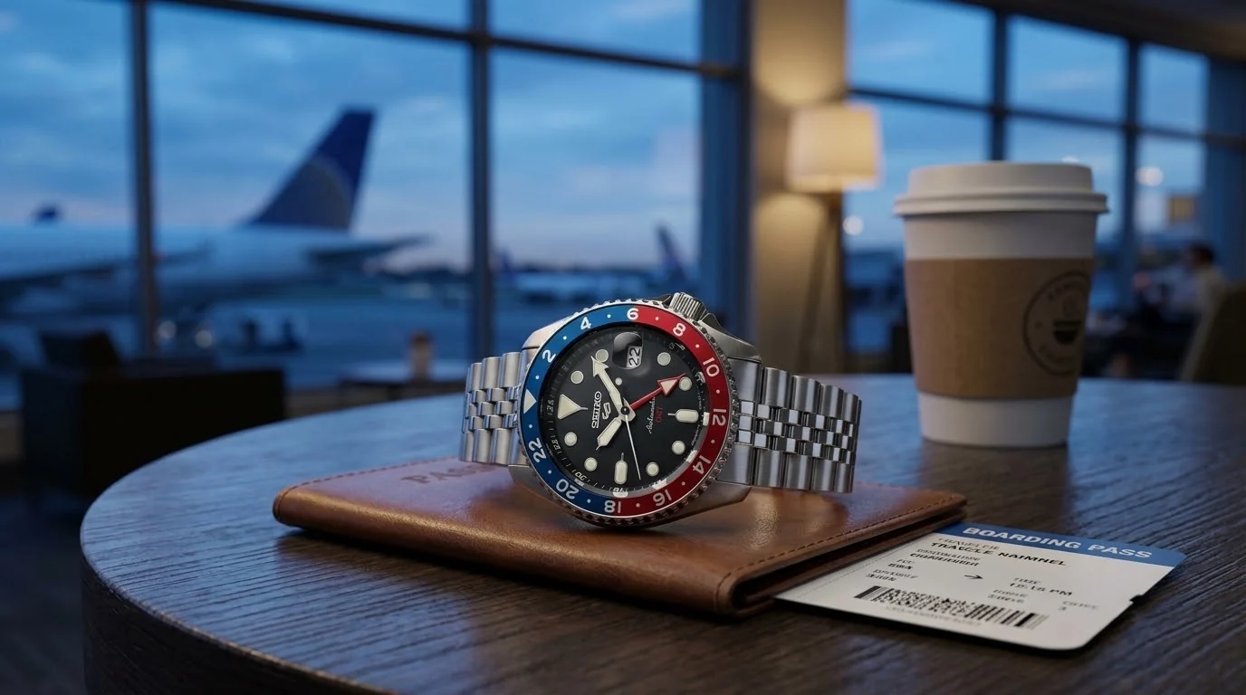 Illustrative render — hero view of the Seiko 5 Sports GMT SSK001