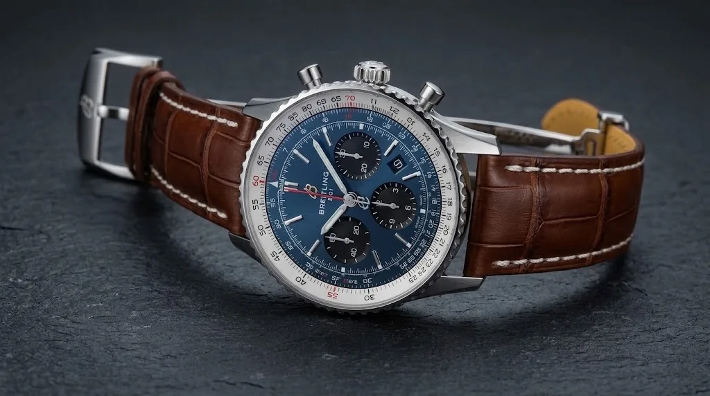 Illustrative render — hero view of the Breitling Navitimer B01 Chronograph 43 AB0121211C1P2 (steel, blue dial, brown alligator strap)
