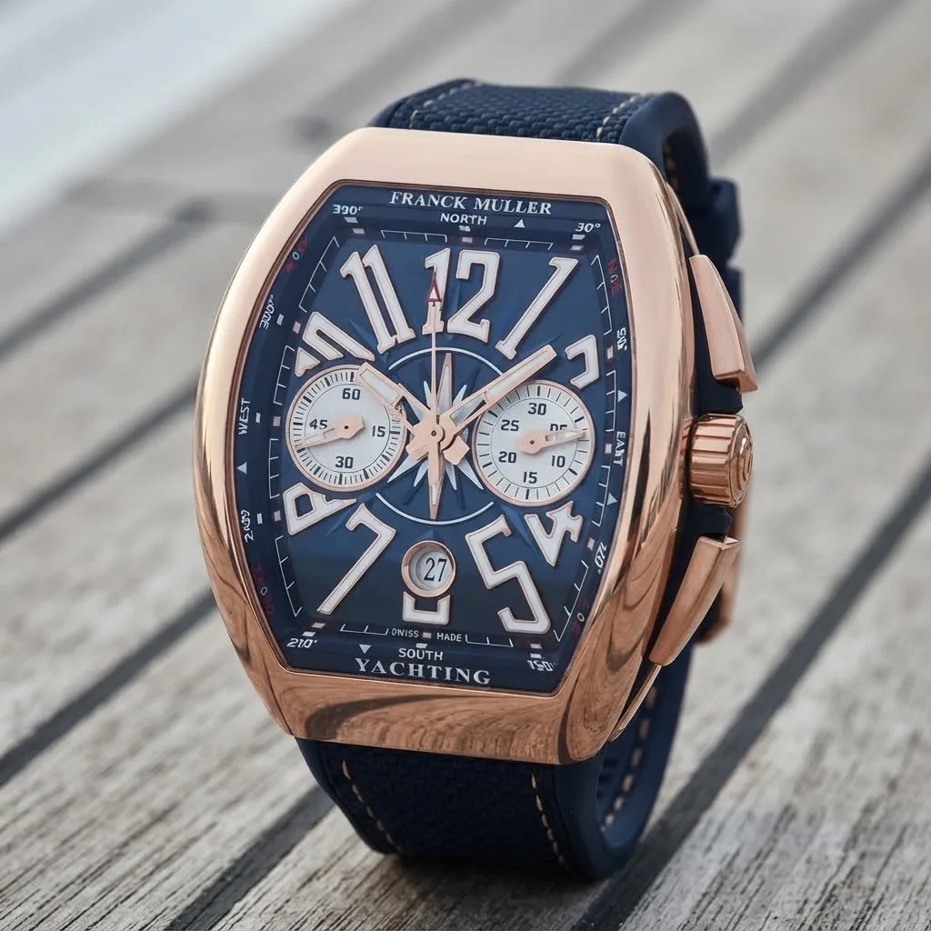 Illustrative render — hero view of the Franck Muller Vanguard Yachting V 45 CC DT chronograph (18k rose gold, blue compass dial, blue rubber strap)