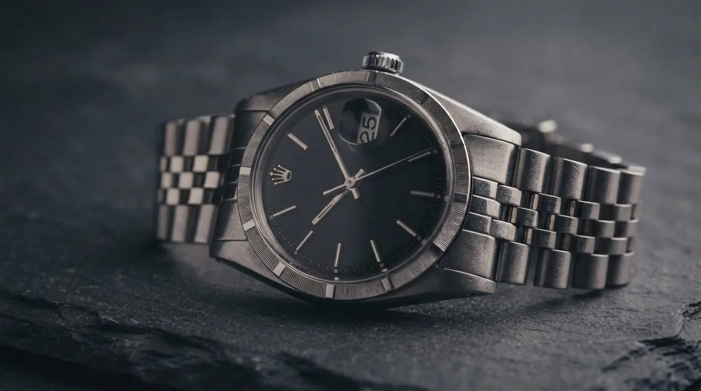Illustrative render — hero view of the Rolex Datejust 36 ref. 1601 (vintage steel, black dial, engine-turned bezel per the photograph, Jubilee bracelet, box, pre-owned)