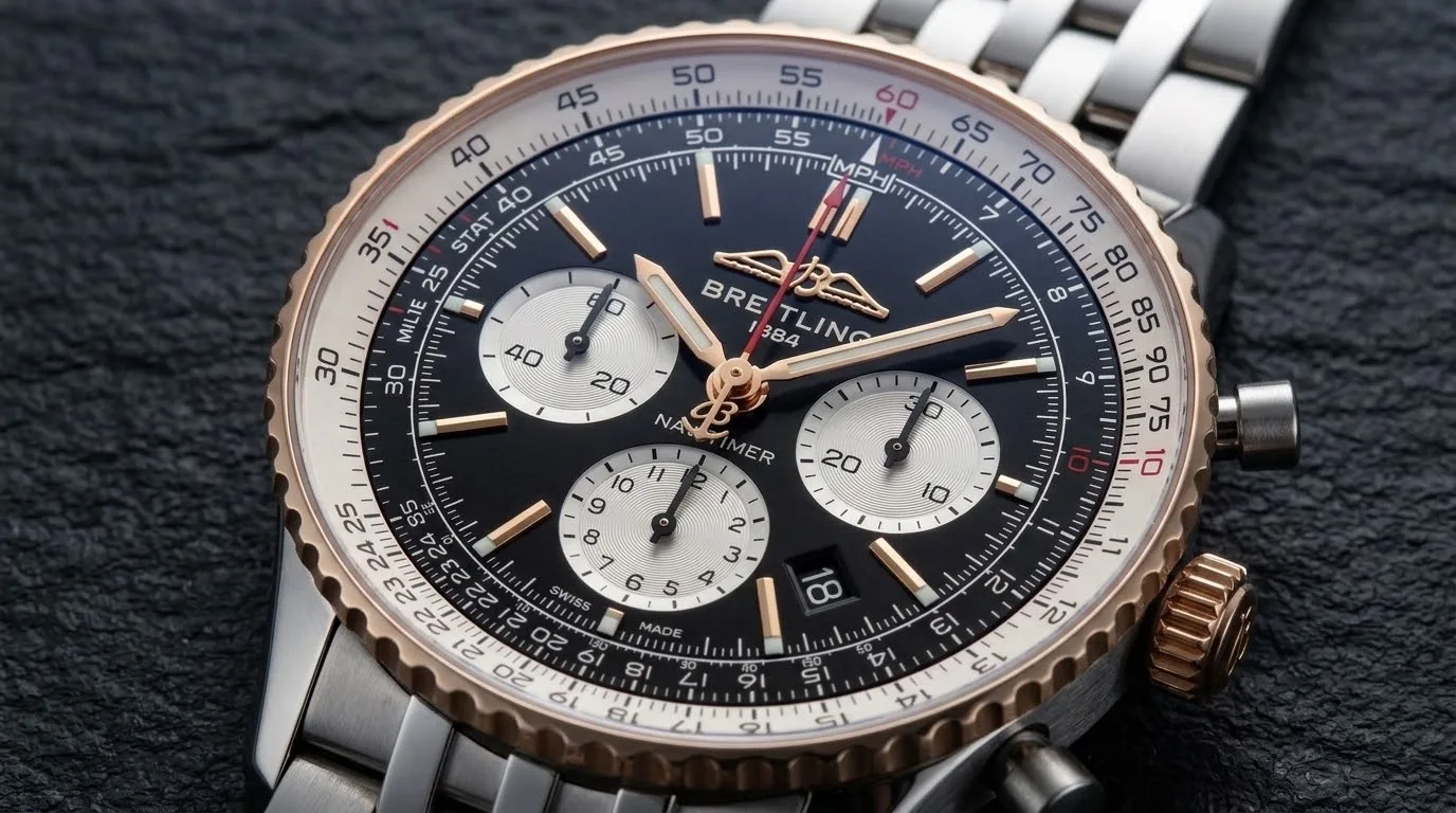 Illustrative render — hero view of the Breitling Navitimer B01 Chronograph 43 UB0121211F1A1 (steel and 18k red gold, black dial, steel bracelet)