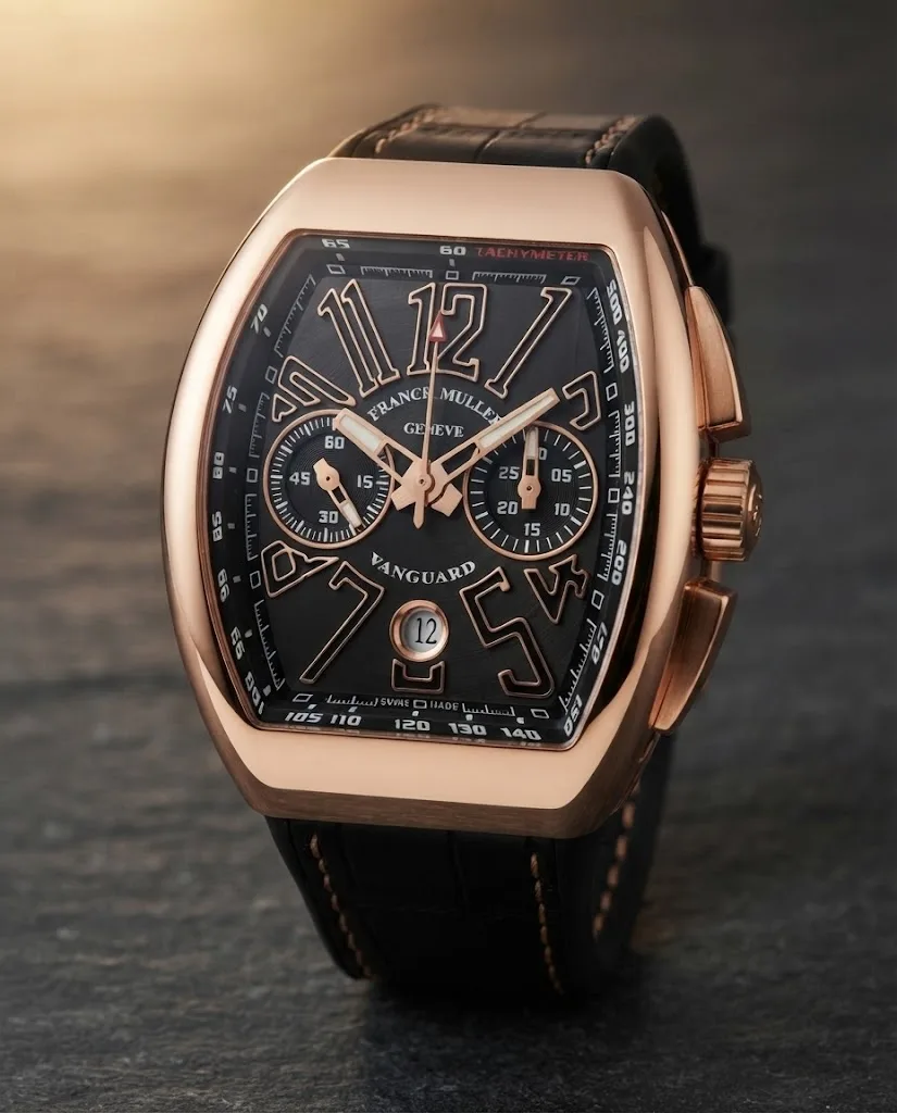 Illustrative render — hero view of the Franck Muller Vanguard V 45 CC DT 5N NR chronograph (18k rose gold, black dial, black leather-top strap)