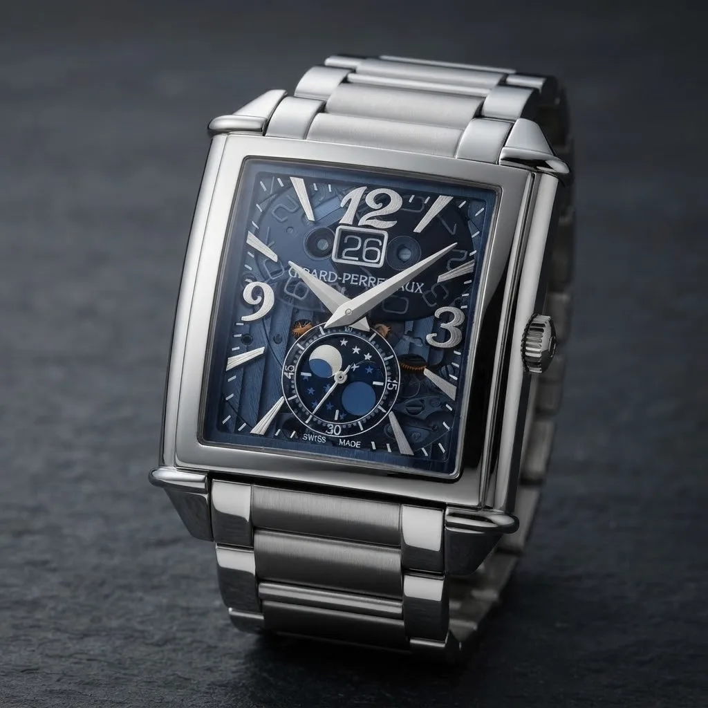 Illustrative render — hero view of the Girard-Perregaux Vintage 1945 XXL Large Date Moon Phases skeleton 25882-11-421 (steel, blue openworked dial, bracelet)