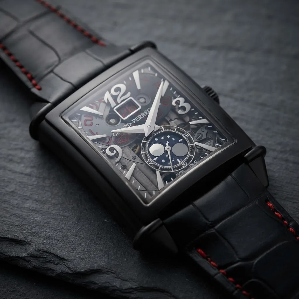 Illustrative render — hero view of the Girard-Perregaux Vintage 1945 XXL Large Date Moon Phases skeleton 25882-21-223-BF6A (black DLC steel, smoked openworked dial, alligator strap)