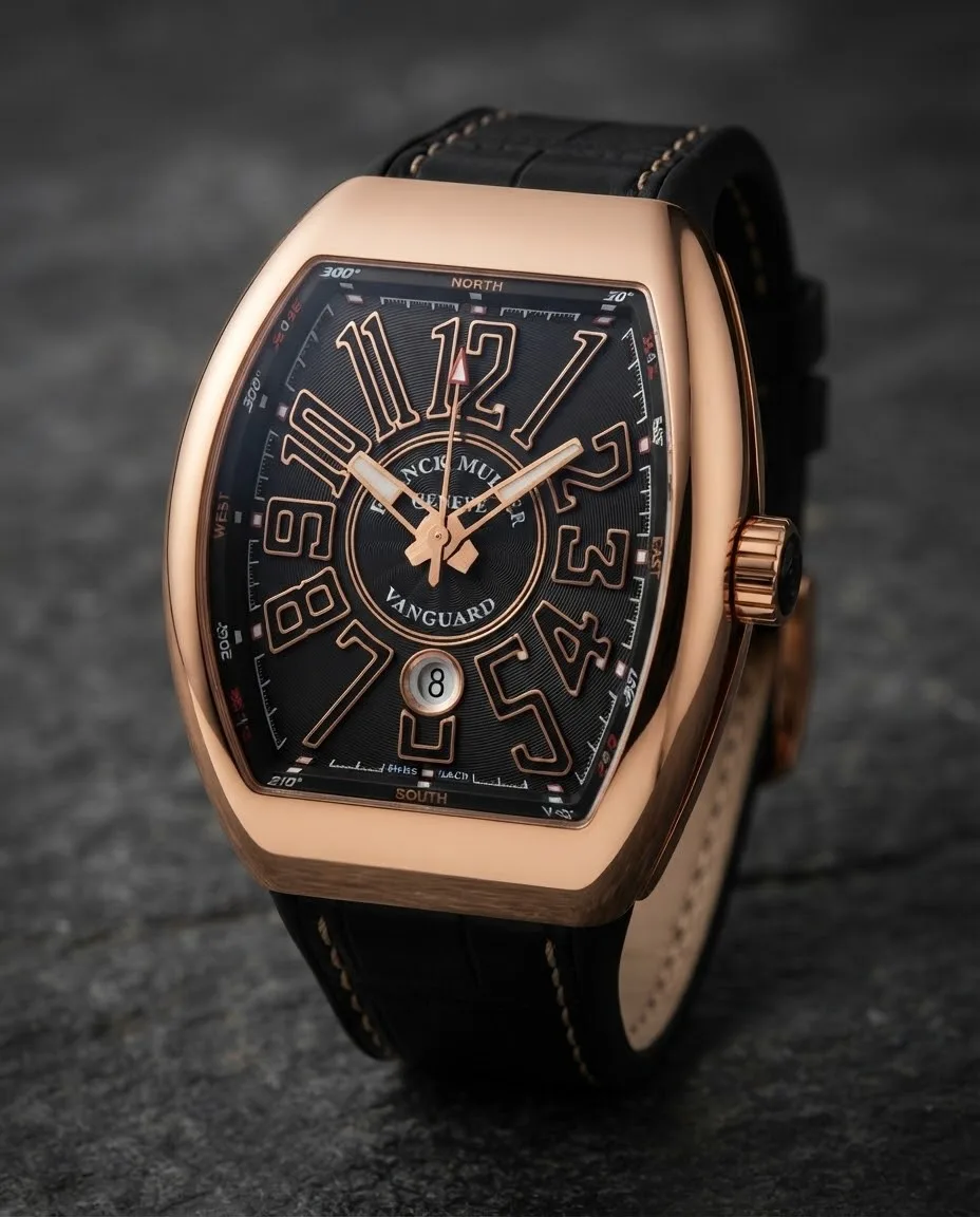 Illustrative render — hero view of the Franck Muller Vanguard V 45 SC DT 5N NR (18k rose gold, black guilloche dial, black leather-top rubber strap)
