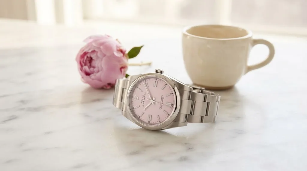 Illustrative render — hero view of the Rolex Oyster Perpetual 36 126000 candy pink dial