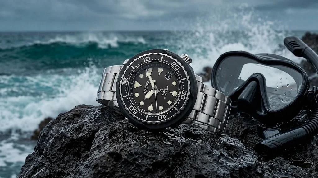 Illustrative render — hero view of the Seiko Prospex Solar “Tuna” SNE497