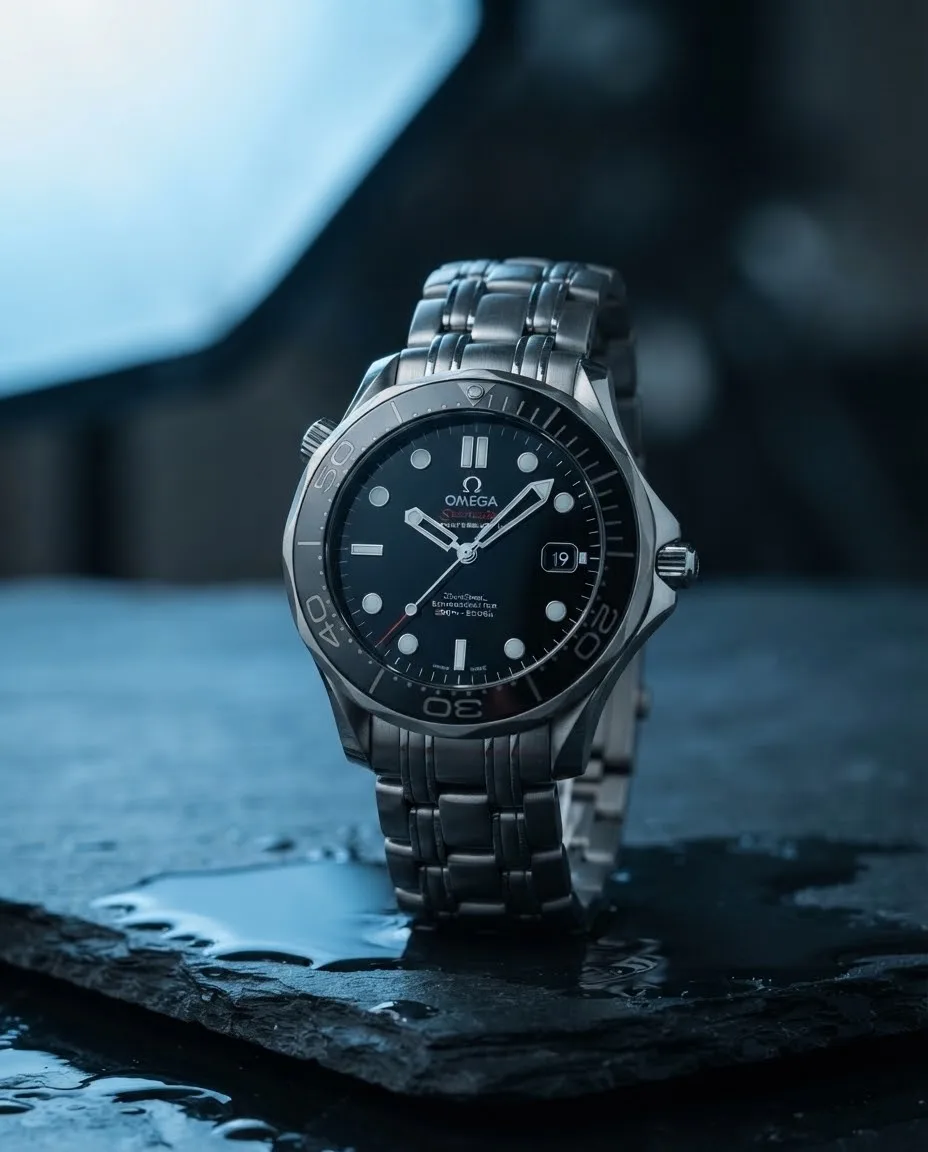 Illustrative render — hero view of the Omega Seamaster Diver 300M Co-Axial 41mm (steel, black dial, ceramic bezel, bracelet)