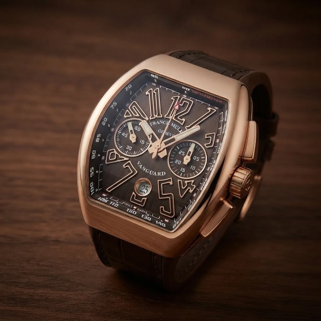 Illustrative render — hero view of the Franck Muller Vanguard V 45 CC DT chronograph (18k rose gold, brown dial, brown alligator strap)