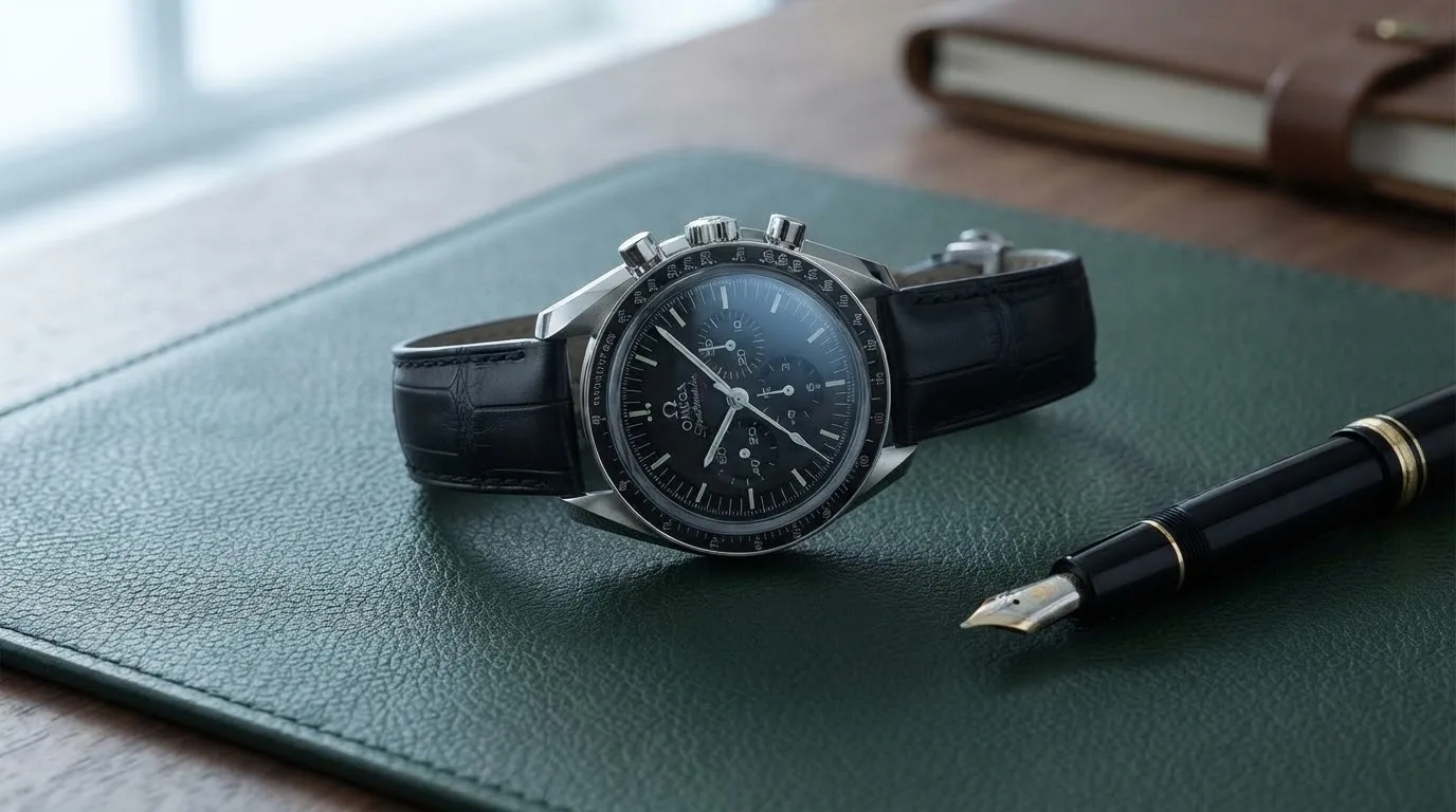 Illustrative render — hero view of the Omega Speedmaster Moonwatch Professional 42mm 311.33.42.30.01.002 (calibre 1863, sapphire front and back, black leather strap)
