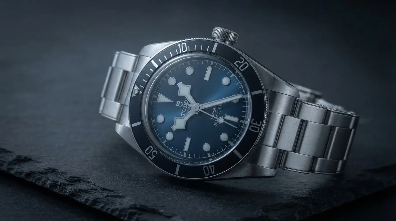 Illustrative render — hero view of the Tudor Black Bay 68 43mm M7943A1A0NU-0001 (steel, black bezel, sun-brushed blue dial, steel bracelet)