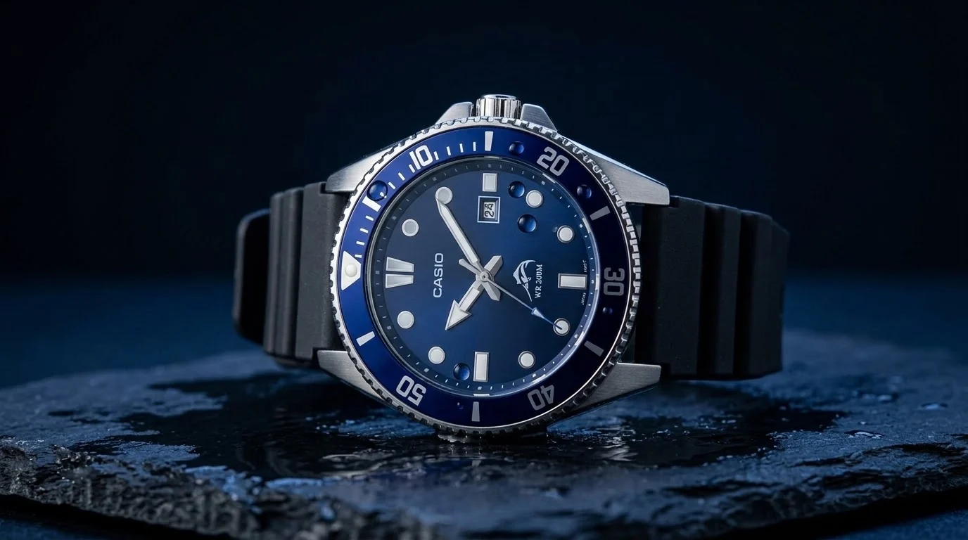 Illustrative render of the Casio Duro MDV-106B with its blue dial
