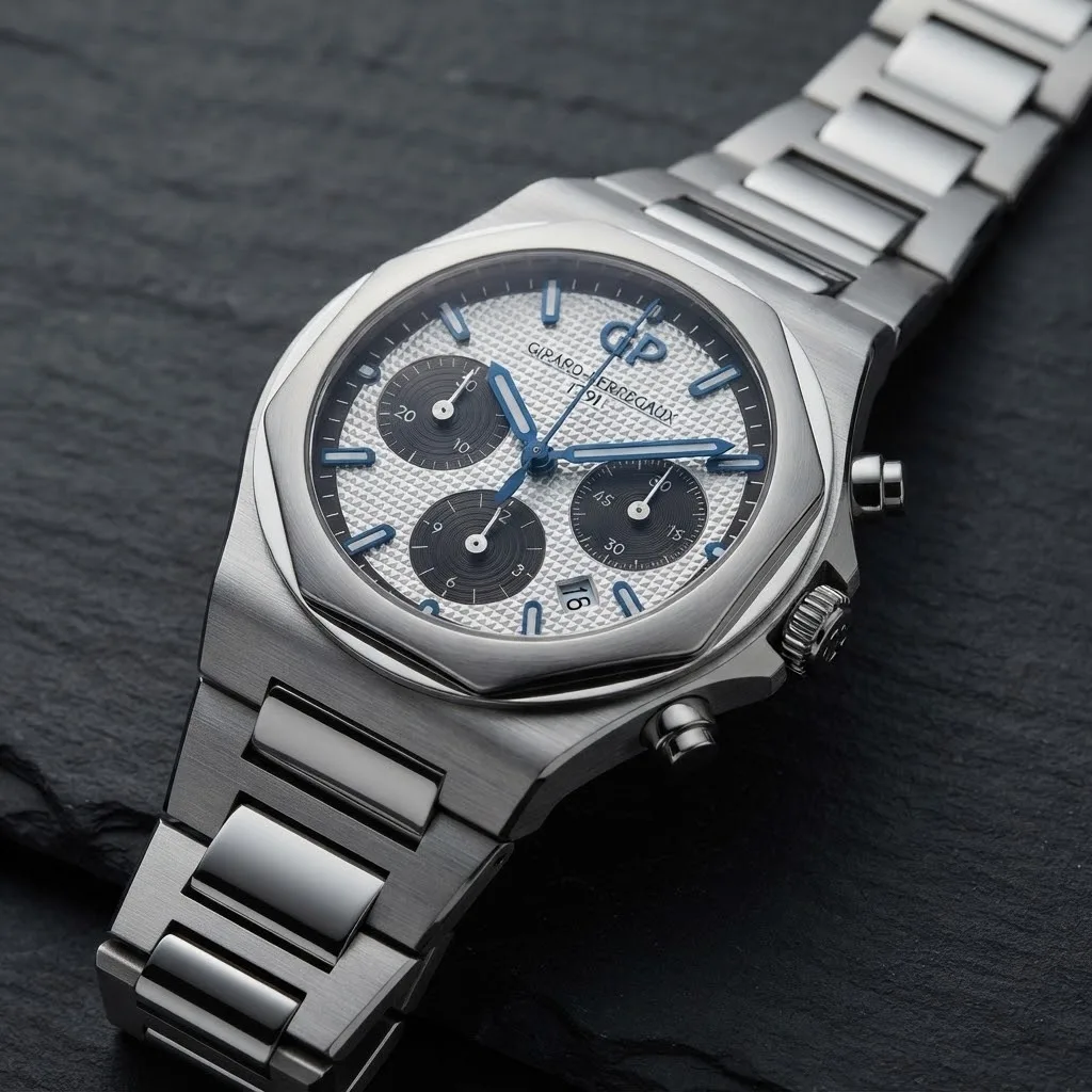 Illustrative render — hero view of the Girard-Perregaux Laureato Chronograph 42 81020-11-131-11A (steel, silver dial with black counters, bracelet)