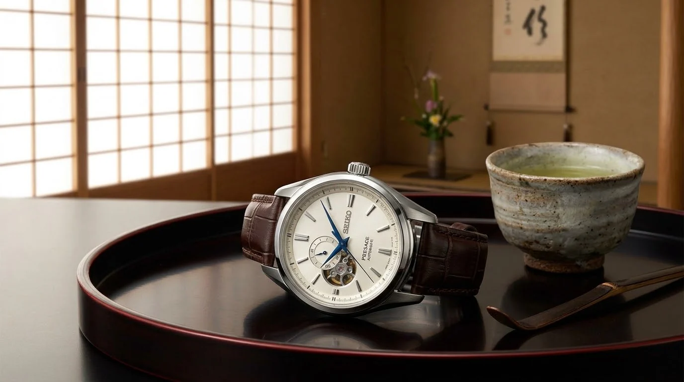 Illustrative render — hero view of the Seiko Presage SSA425 Open Heart