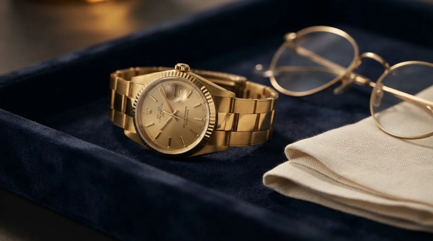 Illustrative render — hero view of the Rolex Oyster Perpetual Date 15238 (18k yellow gold, 34mm, champagne dial)
