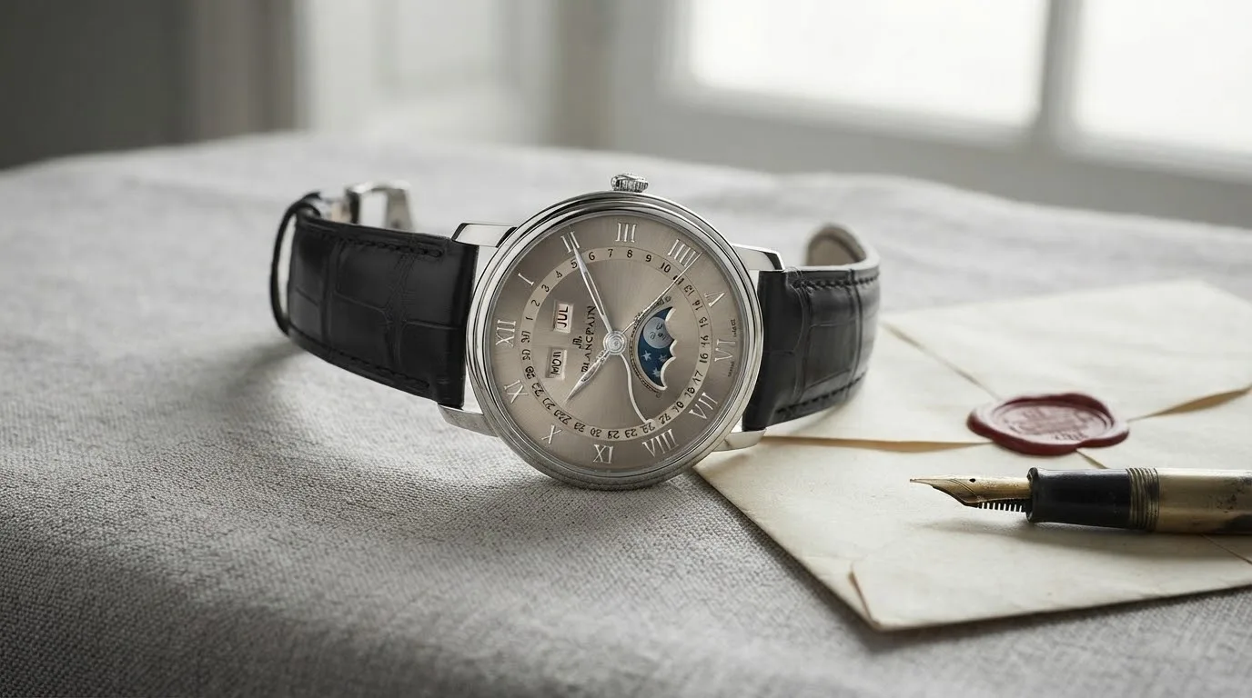 Illustrative render — hero view of the Blancpain Villeret Quantieme Complet (18k white gold, taupe dial)