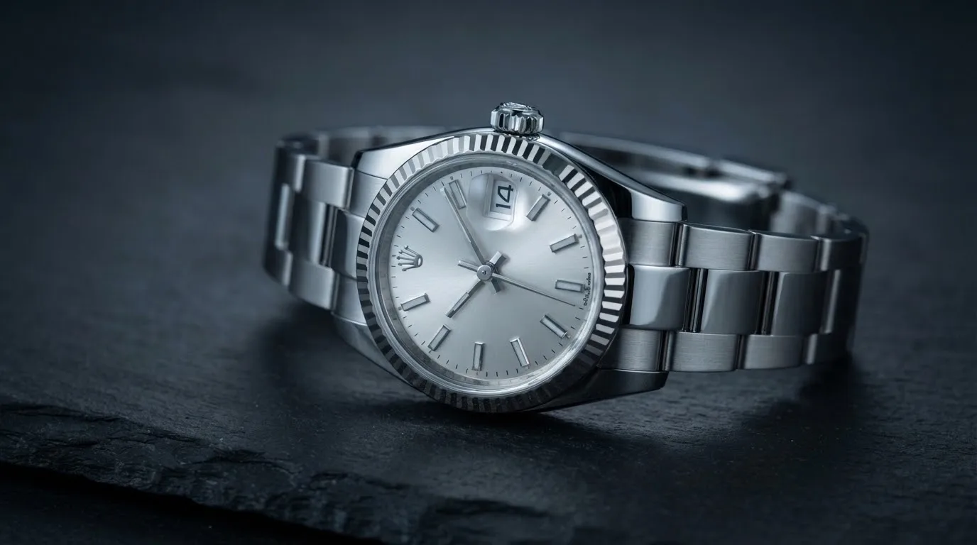 Illustrative render — hero view of the Rolex Lady-Datejust 26 (steel, white gold fluted bezel, silver dial, Oyster bracelet, graded Good, no accessories, pre-owned)