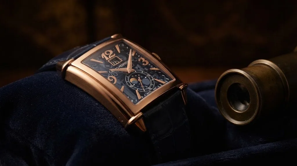 Illustrative render — hero view of the Girard-Perregaux Vintage 1945 XXL Large Date Moon Phases (rose gold, blue skeleton dial)