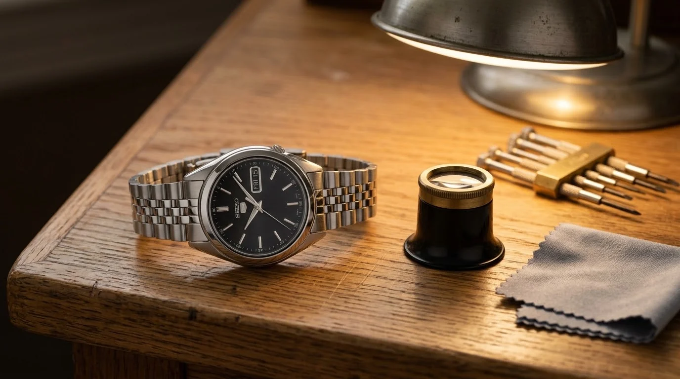 Illustrative render — hero view of the Seiko 5 SNKL23