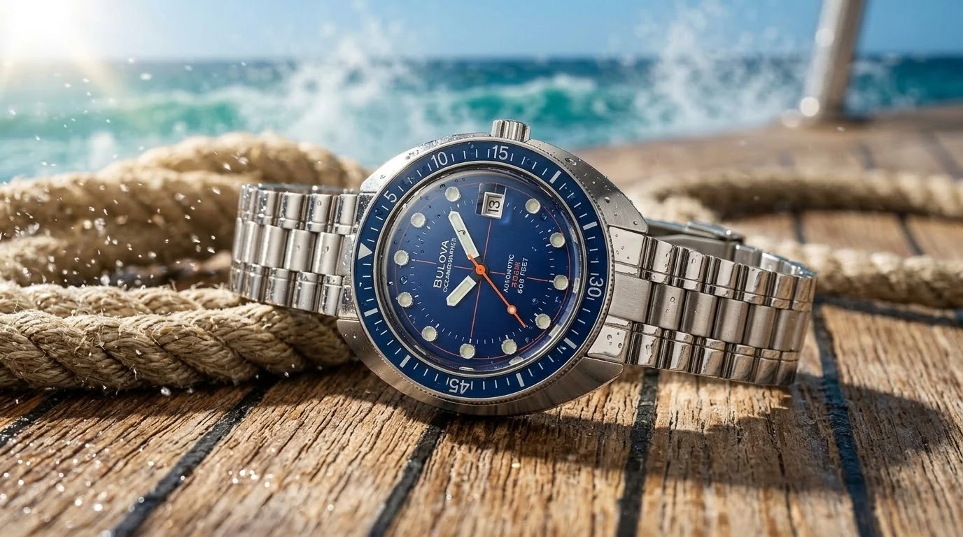 Illustrative render — hero view of the Bulova Devil Diver Oceanographer 96B350
