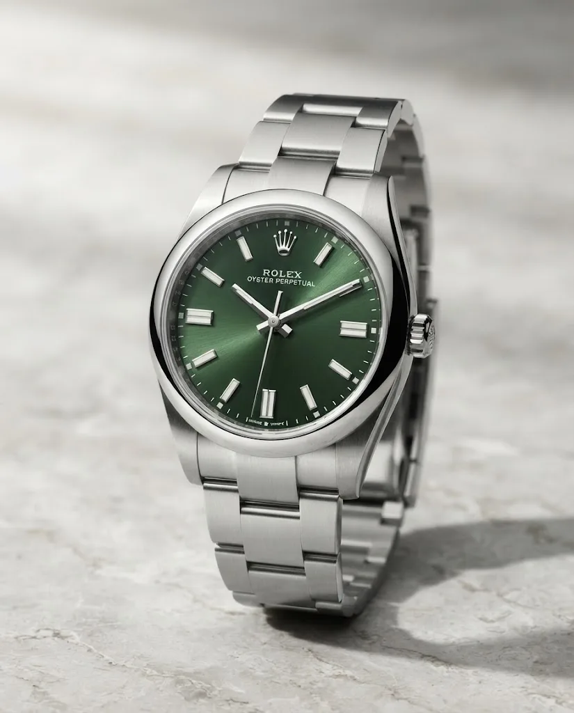 Illustrative render — hero view of the Rolex Oyster Perpetual 31 (steel, green dial, Oyster bracelet)