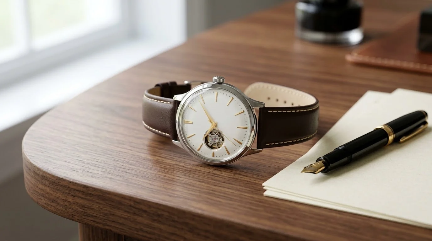 Illustrative render — hero view of the Orient Bambino Open Heart