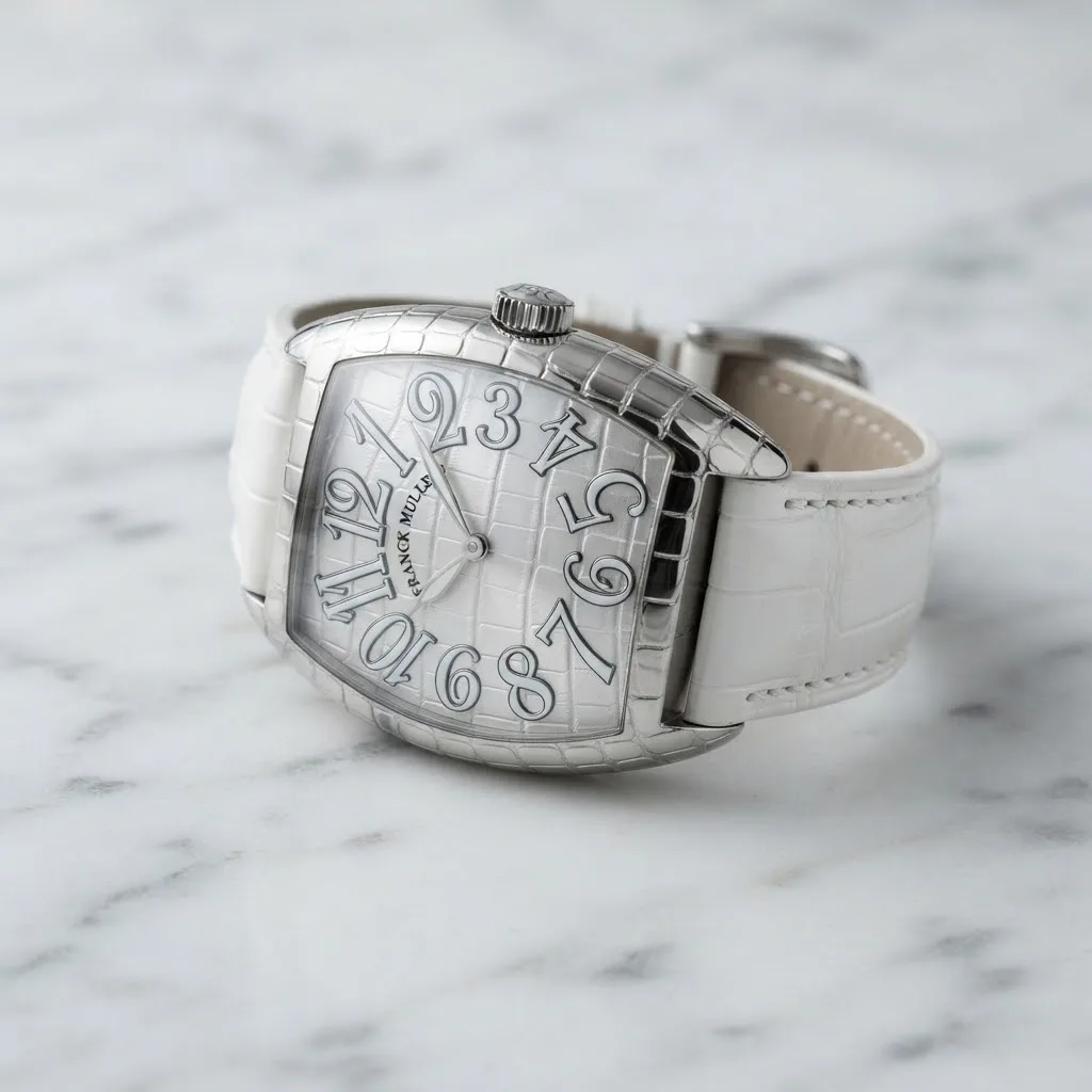Illustrative render — hero view of the Franck Muller Casablanca Crazy Hours Iron Croco 8880 CH IRON CRO (steel, crocodile-relief case and dial, white alligator strap)