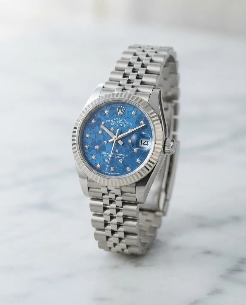 Illustrative render — hero view of the Rolex Datejust 31 278274 (steel, white gold fluted bezel, blue floral dial, Jubilee)
