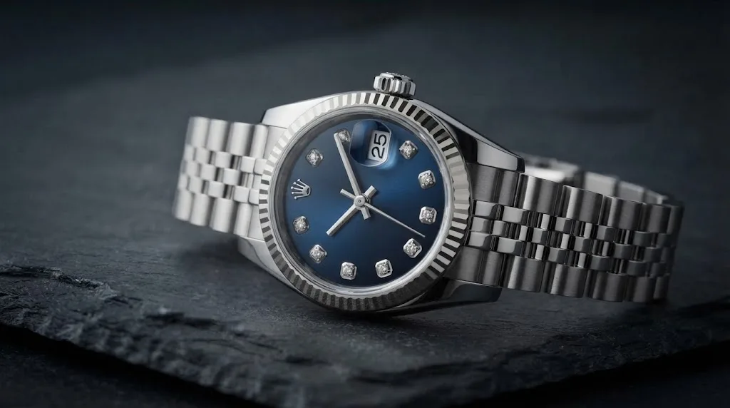 Illustrative render — hero view of the Rolex Lady-Datejust 26 (steel, white gold fluted bezel, blue diamond dial, Jubilee bracelet, dated card, pre-owned)