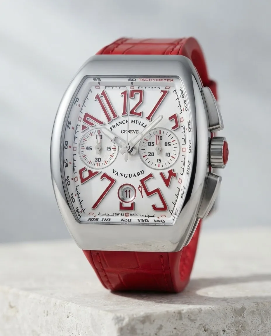 Illustrative render — hero view of the Franck Muller Vanguard V 45 CC DT chronograph (steel, white dial, red numerals, red alligator-grain leather-insert strap)