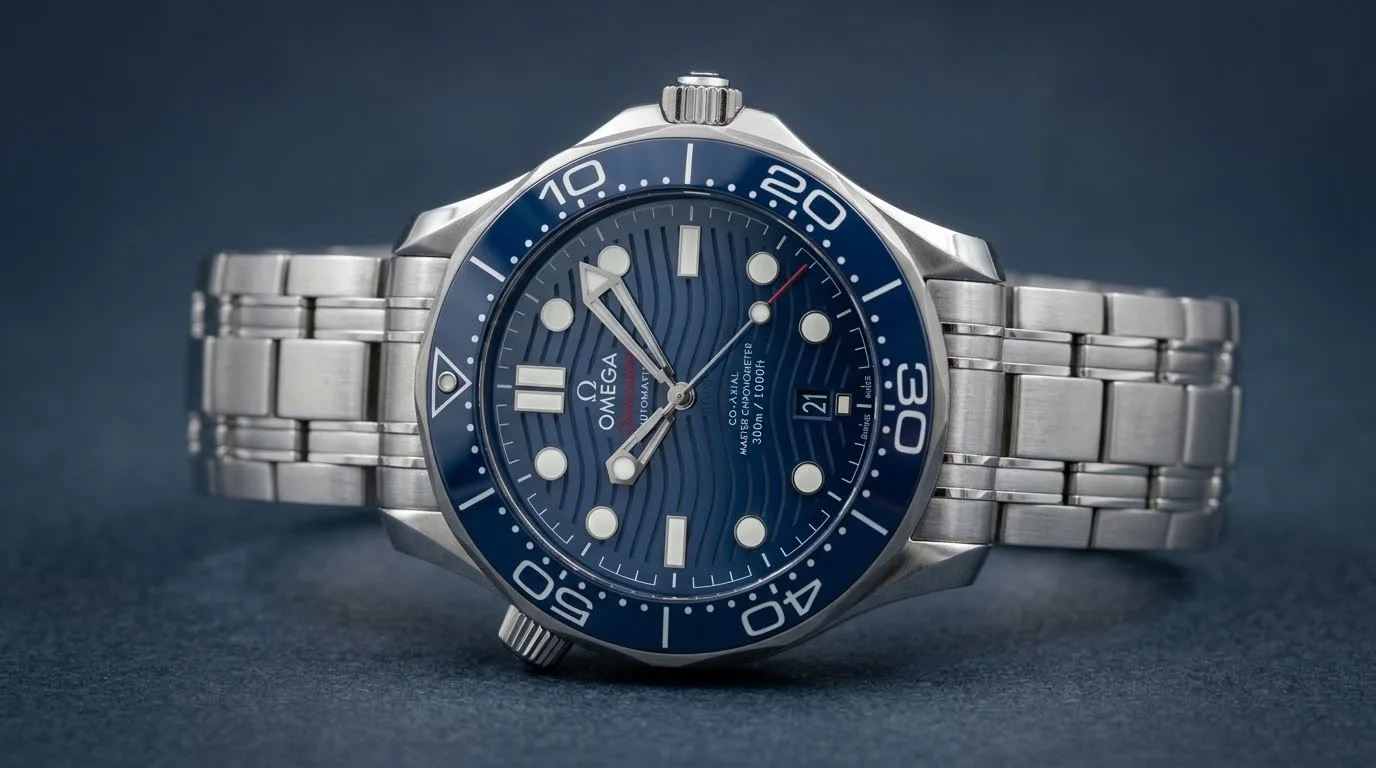 Illustrative render — hero view of the Omega Seamaster Diver 300M Co-Axial Master Chronometer 42mm 210.30.42.20.03.001 (steel, blue ceramic dial, steel bracelet)