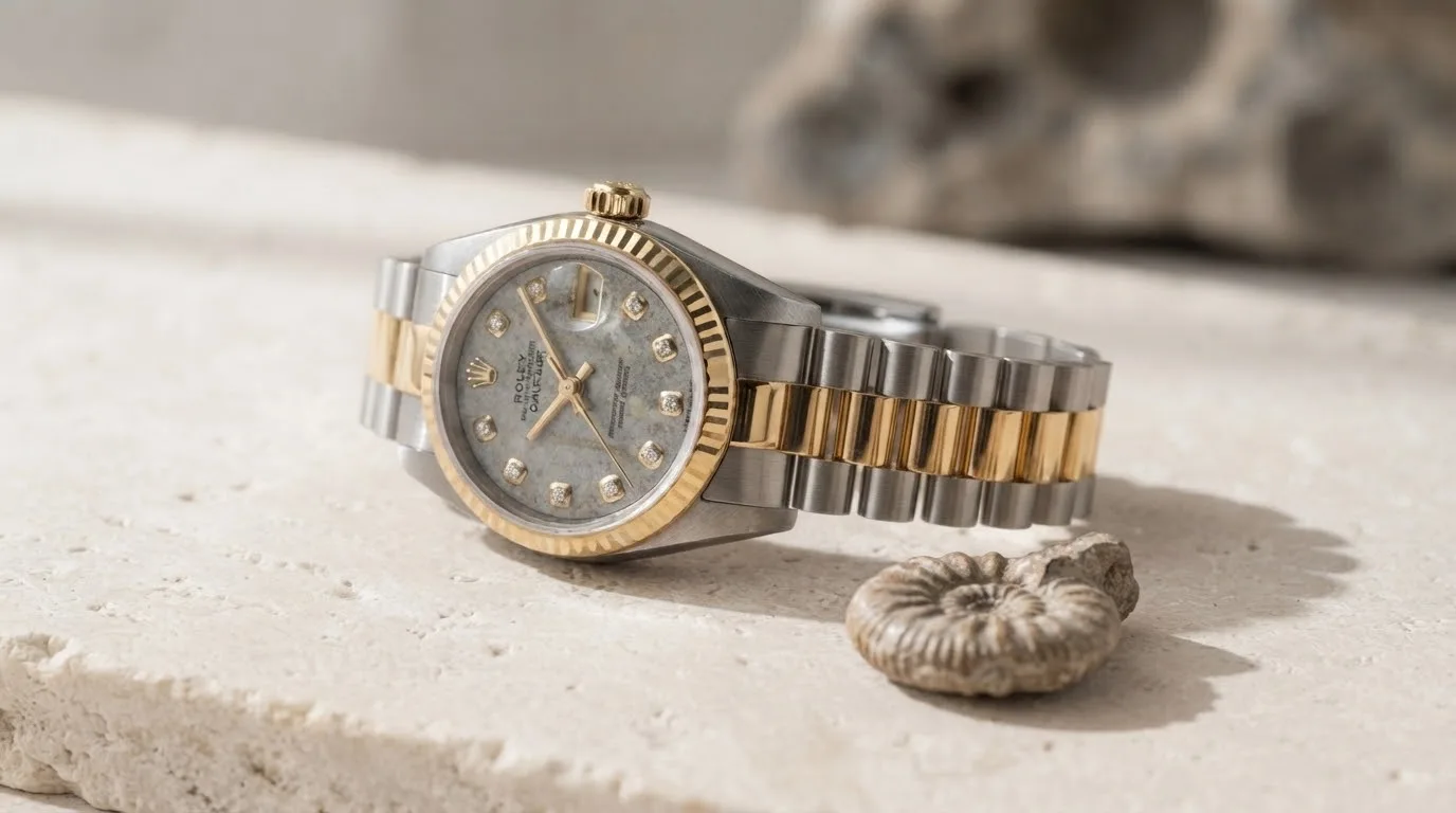 Illustrative render — hero view of the Rolex Lady-Datejust 26 69179 (white gold, yellow gold bezel, Jurassic fossil dial, Tridor President, box)