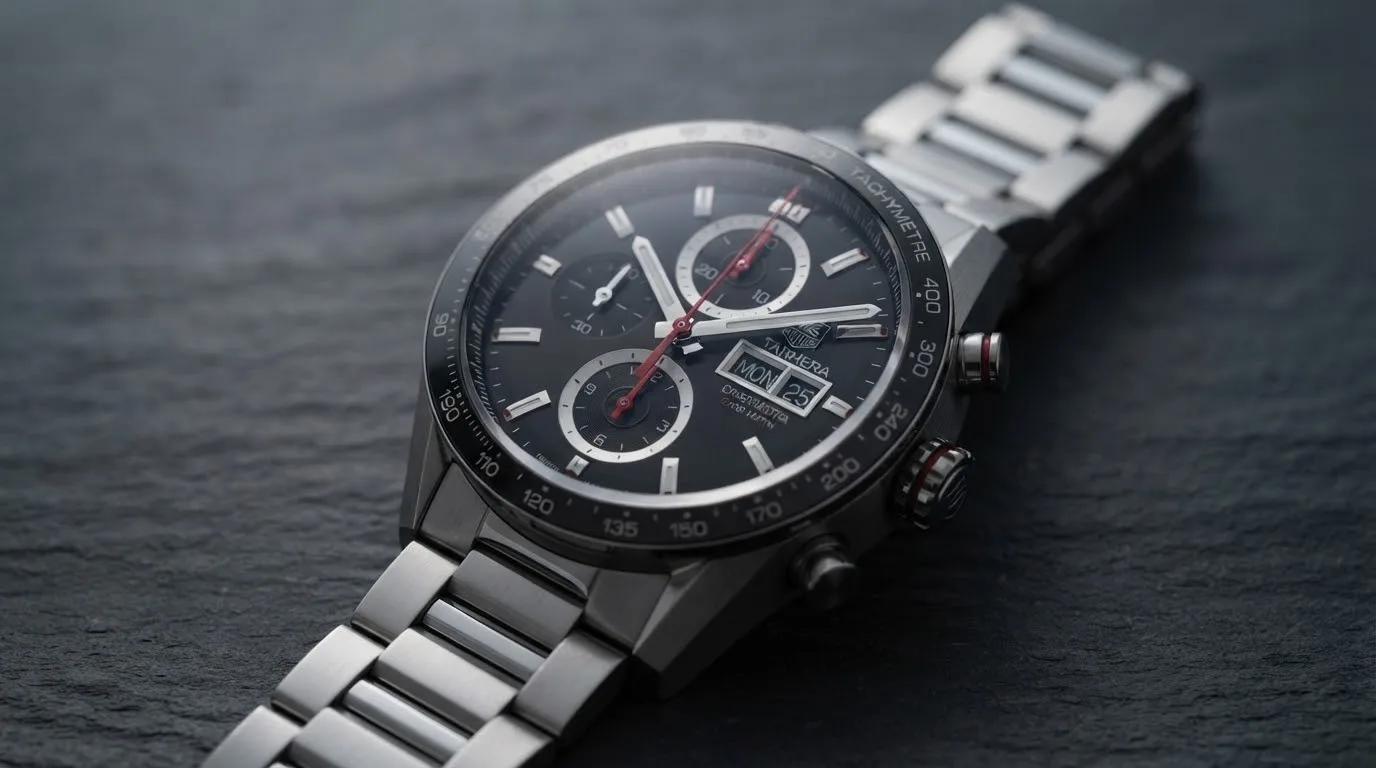Illustrative render — hero view of the TAG Heuer Carrera Chronograph 44mm CBN2A1AA.BA0643 (steel, black dial, ceramic bezel, day-date, steel bracelet, Calibre 16)