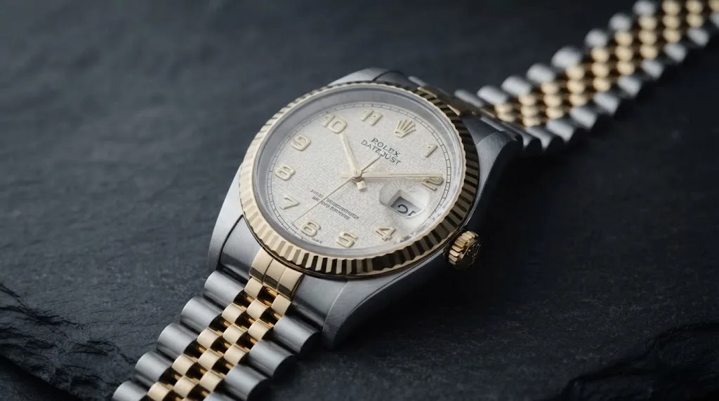 Illustrative render — hero view of the Rolex Datejust 36 ref. 16233 (steel and 18k yellow gold, ivory Jubilee-pattern dial with Arabic numerals, fluted bezel, Jubilee bracelet, pre-owned)