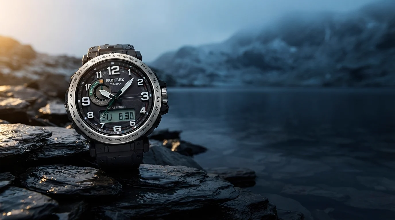 Illustrative render of the Casio Pro Trek PRG601-1 on wet slate at a mountain tarn