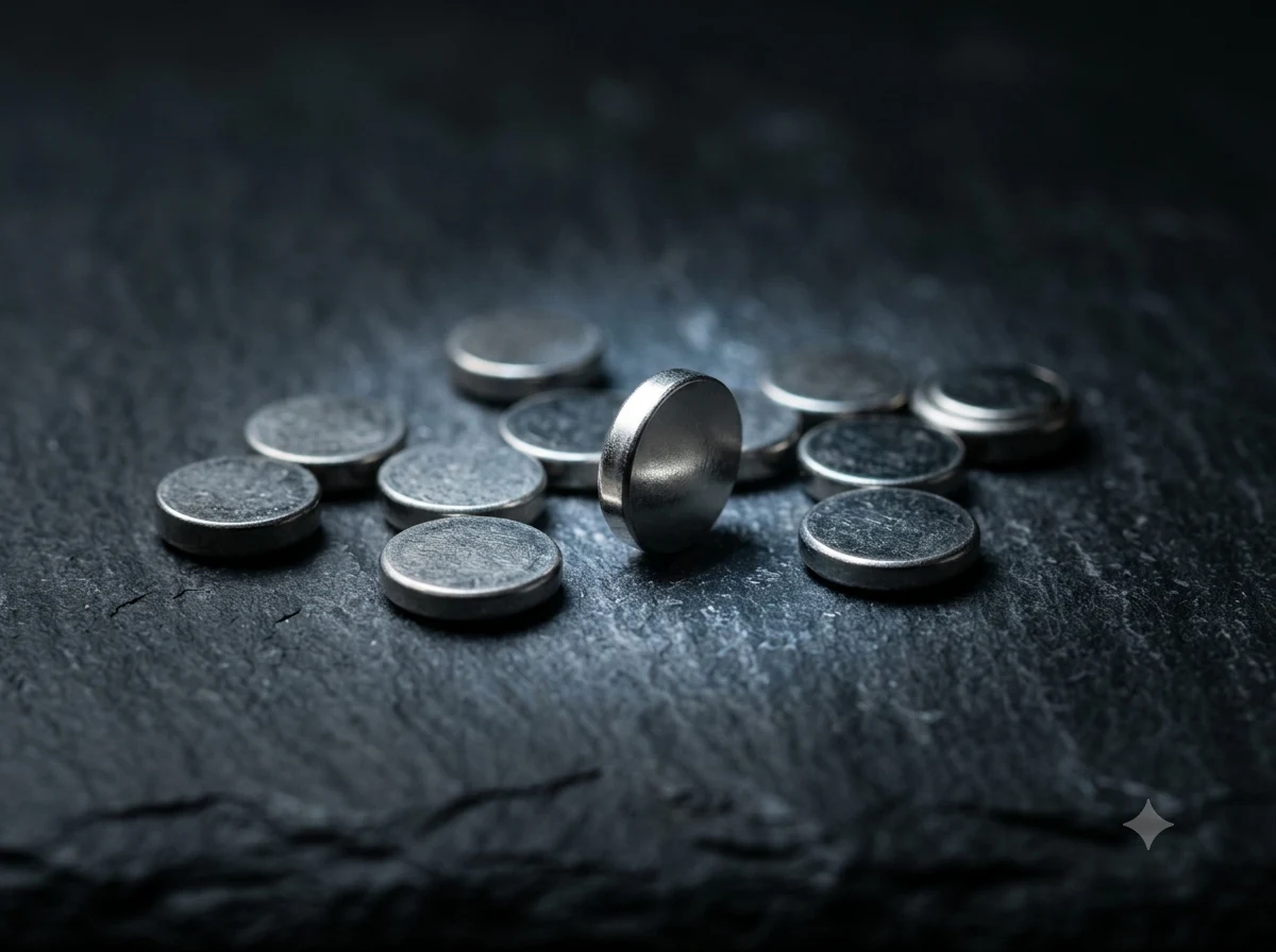 A pile of used coin-cell watch batteries on dark slate