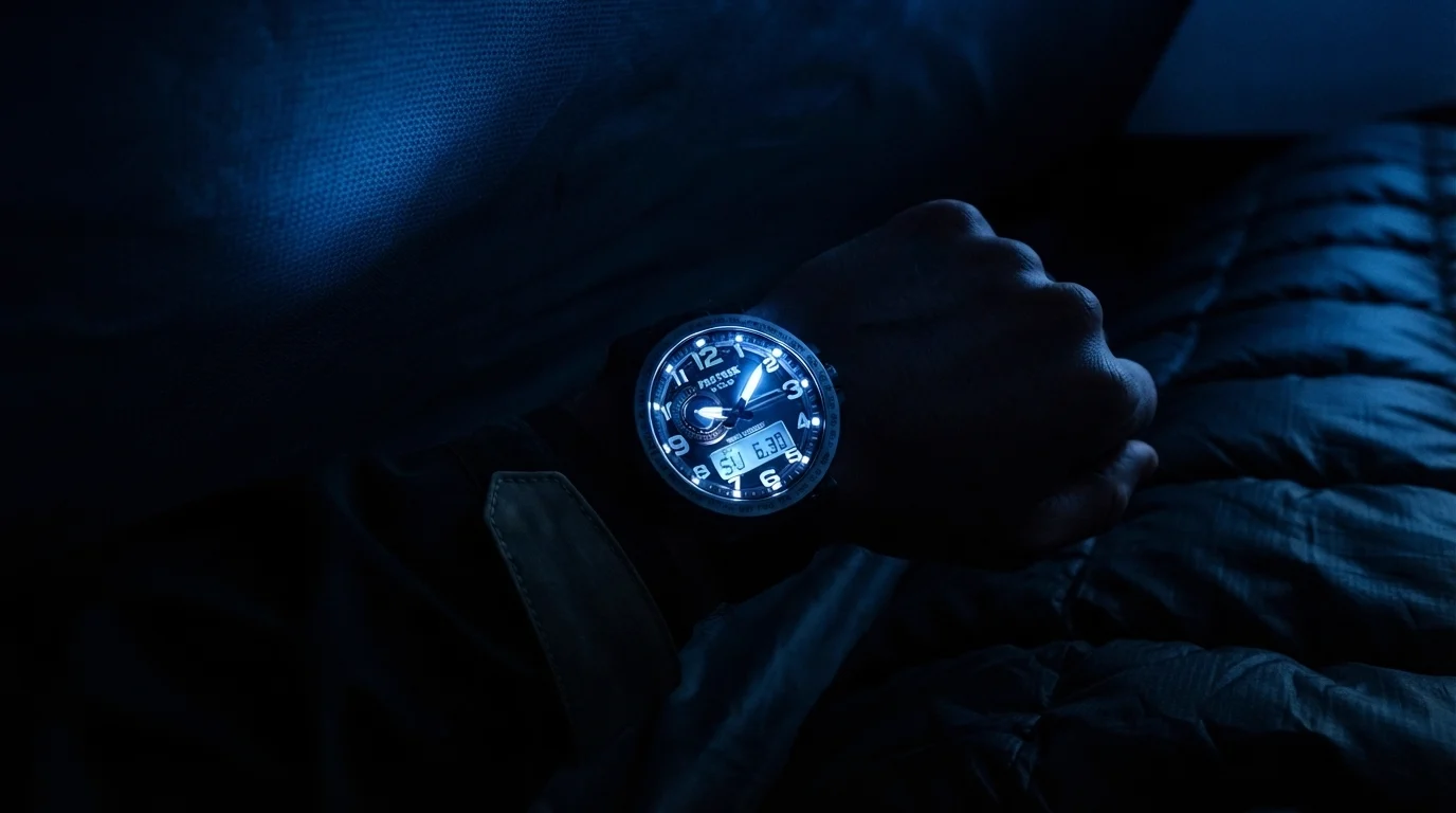 Illustrative render of the Casio Pro Trek PRG601-1 illuminated in darkness