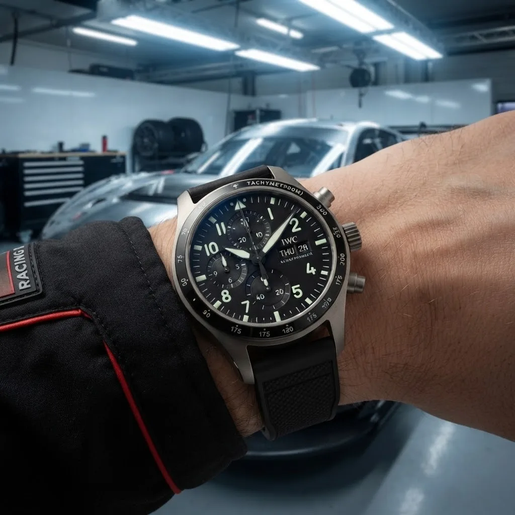 Illustrative render — buying it on amazon of the IWC Pilot's Watch Performance Chronograph 41 AMG IW388305 (titanium, black ceramic bezel, rubber strap)