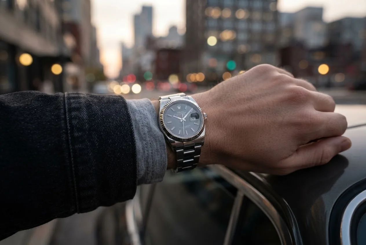 Illustrative render — buying it pre-owned on amazon of the Rolex Datejust 36 126234 (steel, white gold fluted bezel, black dial)