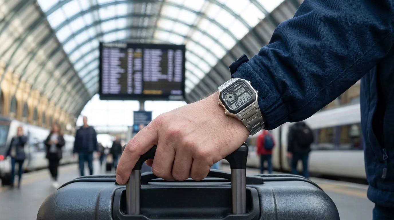 Illustrative render — ten years, 100 metres of the Casio AE1200 World Time "Casio Royale"