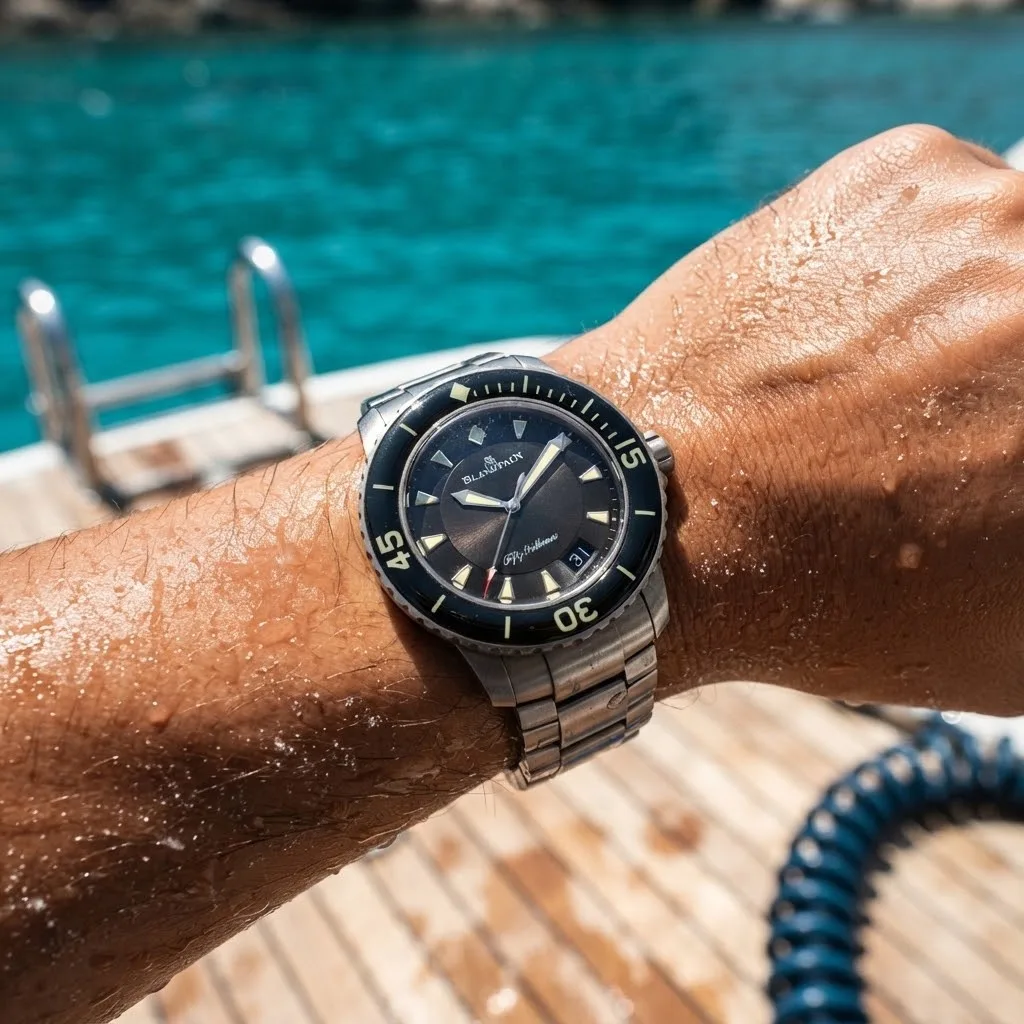 Illustrative render — buying it on amazon of the Blancpain Fifty Fathoms Automatique 5015-12B30-98 (titanium, black dial, titanium bracelet)