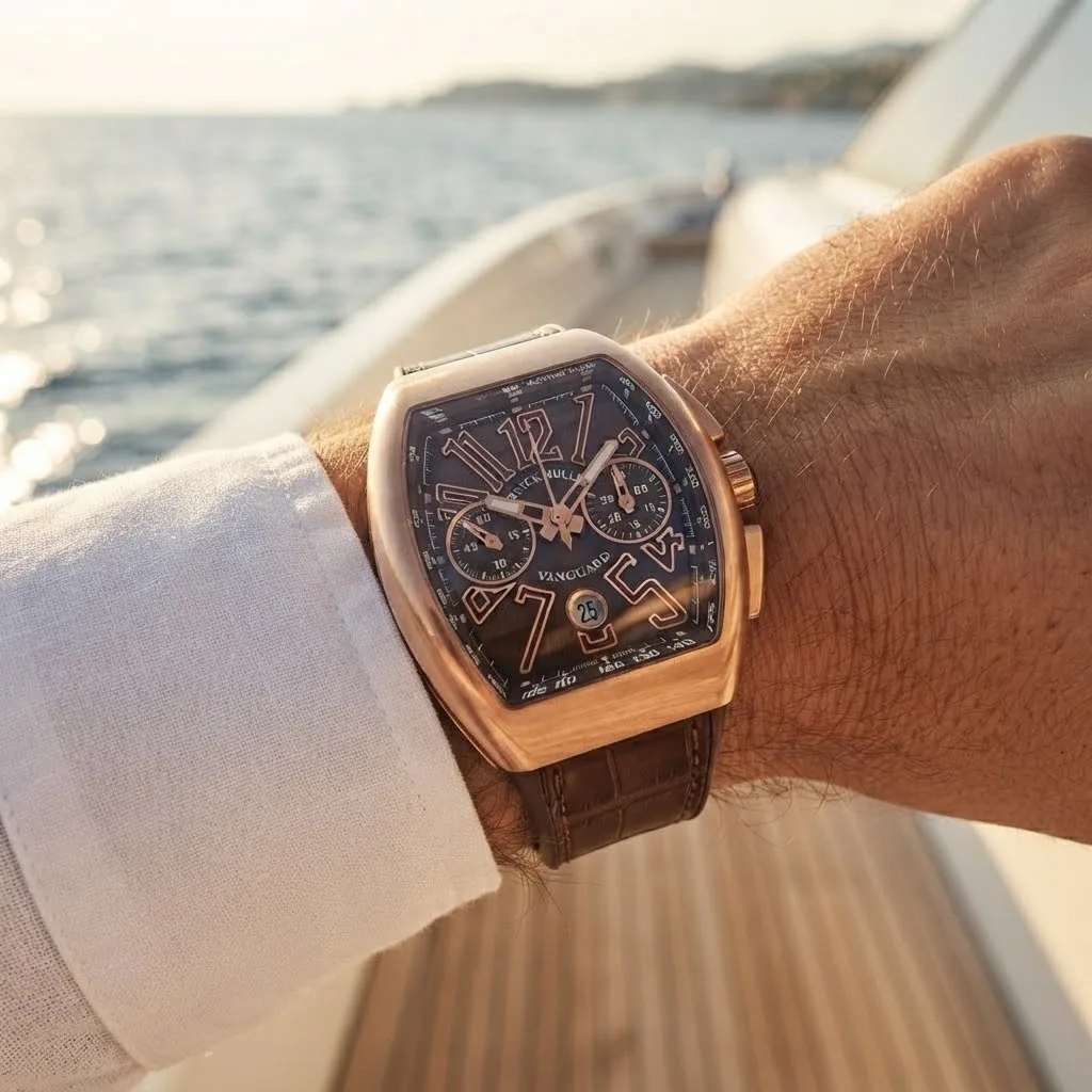 Illustrative render — buying it on amazon of the Franck Muller Vanguard V 45 CC DT chronograph (18k rose gold, brown dial, brown alligator strap)