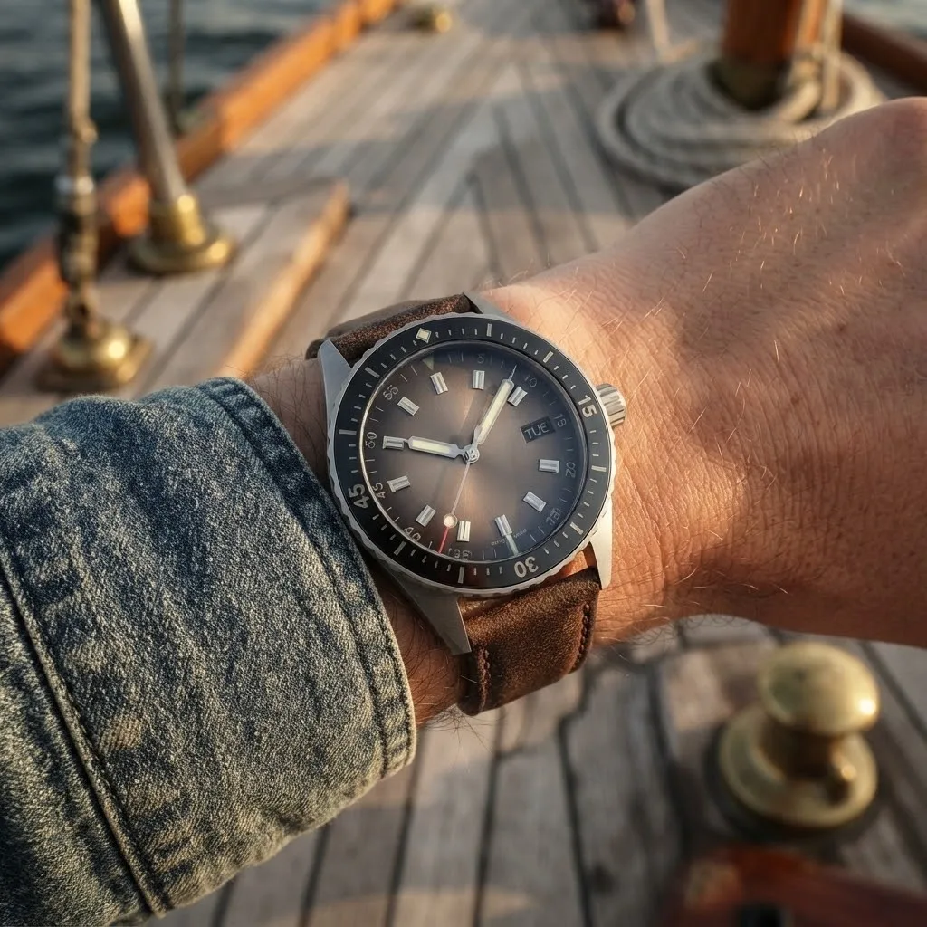Illustrative render — buying it on amazon of the Blancpain Fifty Fathoms Bathyscaphe Day Date 70s (steel, gradient dial, vintage calf strap)