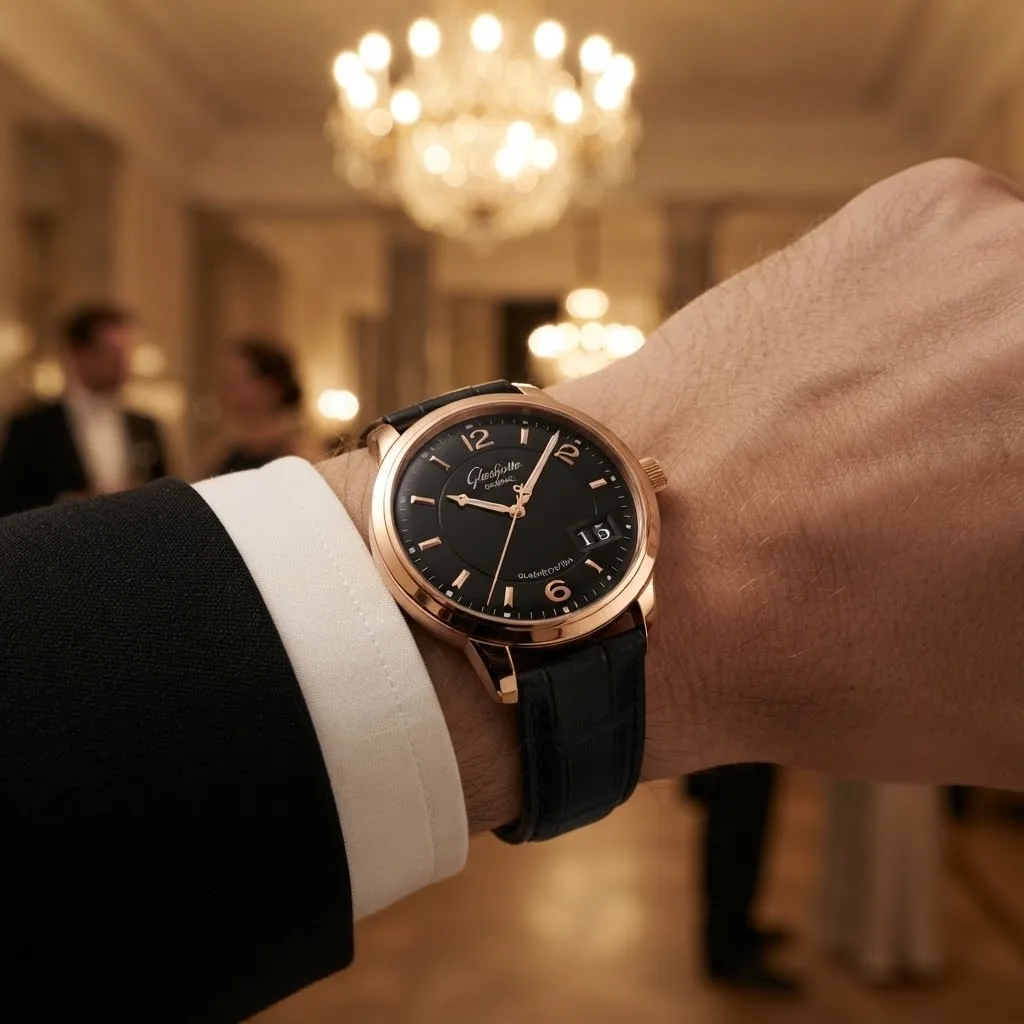 Illustrative render — buying it on amazon of the Glashütte Original PanoMaticCentral XL (18k rose gold, black dial, alligator strap)