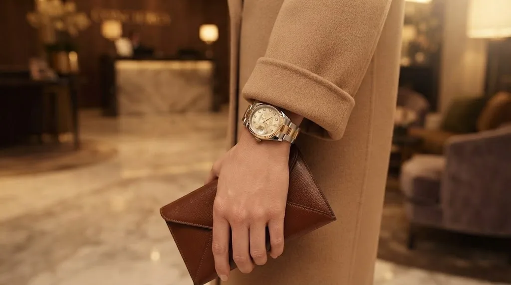 Illustrative render — buying it on amazon of the Rolex Lady-Datejust 26 ref. 179173 (steel and 18k yellow gold, champagne Jubilee-pattern dial with diamond markers, fluted bezel, Jubilee bracelet, pre-owned)